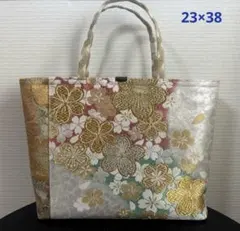 帯のリメイクバッグ　桜　金銀糸　ラメ糸