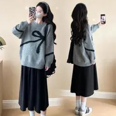 長袖リボンニット★薄手トップスゆったり可愛い韓国着痩体型カバー大きいサイズ