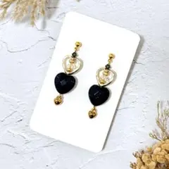ピアスイヤリング　ハート①天然石ブルーサンド　ゴールドシルバーmixハンドメイド