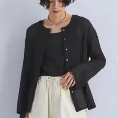 【美品】グリーンレーベルリラクシング シアーポコポコクルーネックカーディガン