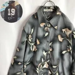 レディース古着 花柄シャツ 総柄長袖 水彩画 シワ加工 灰色 M かわいい