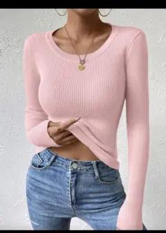 リブ編み ピンク 長袖 トップス Mサイズ
