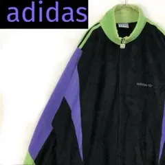80s アディダス　ロゴ　トラックジャケット　スエード　黒　紫　XL 古着　レア