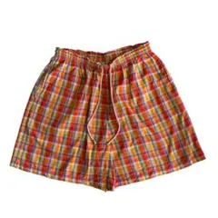 ショートパンツ ハーフパンツ ウエストゴム チェック コットン オレンジ系 L