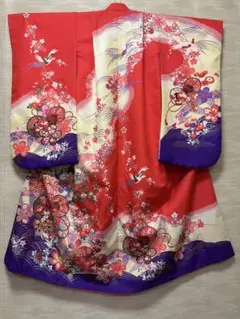七五三　7歳女の子着物　2点セット　朱赤と紫　鼓　青海波　梅　鹿子柄