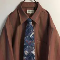 ネクタイシャツ 古着 日本製 くすみカラー アート柄シルクネクタイ ウールシャツ