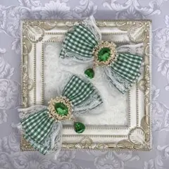 R31-5 ヘアクリップ　リボン　量産型　ロリィタ　推し色　オタク　グリーン 緑