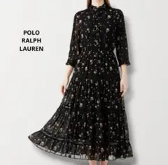 美品 ラルフローレン ロングワンピース　プリーツ　花柄　リボン　金ボタン　6 美品 ラルフローレン ロングワンピース プリーツ 花柄 リボン 金ボタン