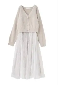 パールリボンフェザーカーディガン&キャミワンピセット