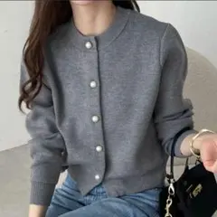 andme パールボタン無地ボーダー長袖ニットカーディガン グレーM