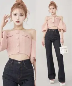 Darich ホルターネックオフショルツイードトップス ピンク