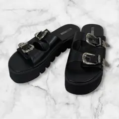 厚底サンダル ダブルバックル 黒 トラックソール 韓国 モード メンズ エルノロ