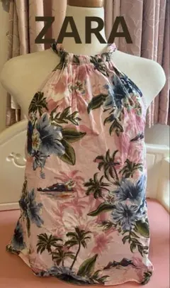 ZARA トロピカル柄 ホルターネック タンクトップ ピンク Mのサムネイル