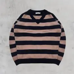 ベージュ×ブラック 太ボーダー Vネックニット ゆるカジュ 古着 可愛い
