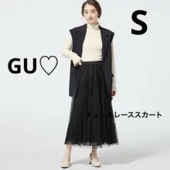 GU♡チュールレースフレアロングスカート Sサイズ ブラック