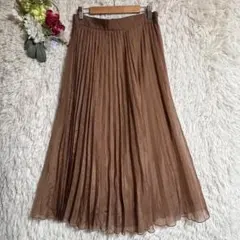 美品【オフオン】M プリーツロングスカート シアー ブラウン 薄手のサムネイル