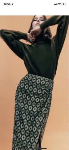 ZARA 幾何学模様 グリーン系 タイトスカート