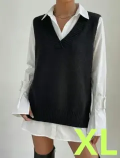 可愛い❤️50 レディース Vネック ニットベスト 黒 XL おすすめ✨