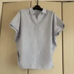 スキッパーシャツ　白×青ストライプ柄　M 新品タグなし　試着のみのサムネイル