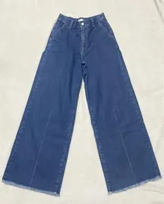 マウジー ワイドレッグ デニムパンツ ハイウエスト フリンジ カットオフ W26