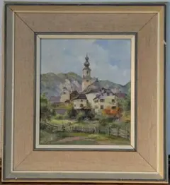 真作】絵画 油彩6号 風車のある水辺風景 額装入り ヨーロッパ田園画