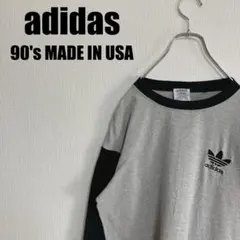 USA製90sアディダスリンガーロンTシャツ長袖Lブラック黒グレーadidas