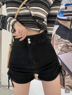 SHEIN　M　ハイウエスト ショートパンツ ブラック デニム ドローストリング