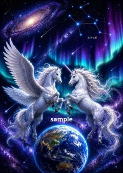 ペガサスとユニコーンの幻想的なデジタルアート A4