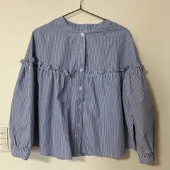 フリル付き青白ストライプシャツ　Mサイズ