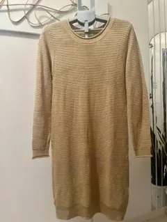 Avan Lily ベージュ ストライプ 七分袖 ニットワンピース