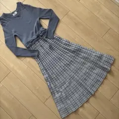 美品　index グレー ブルー ニットロングワンピース チェック