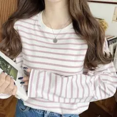 moment＋ オーバーサイズロングスリーブTシャツ ボーダー ピンク