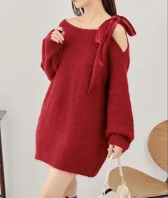 チコ　ベロアリボンワンショルシャギーミニワンピース