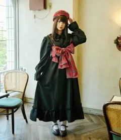 クティールとレトロ チェックリボン ビスチェセット フリル襟ワンピース ブラック