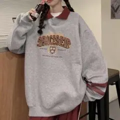 僅か　韓国 レディース カレッジロゴ スウェット トレーナー グレー 長袖 秋冬