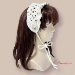 ヘッドドレス　バブーシュカ　ボンネット　カチューシャ　つけ襟　ホワイト　手編み