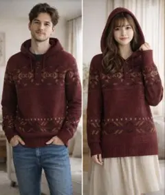 シンプルライフ ウール100 フェアアイル柄 フードニット 美品 男女兼用