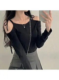 【匿名配送】 GRL ショルダーリボンオフショルテレコリブトップス ブラック