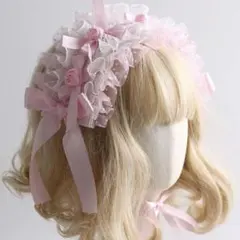ピンク　ローズ　レース　ヘッドドレス　ロリータ　アイドル　コスプレ　可愛い