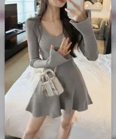 Vネックフレアスリーブリブニットミニワンピース[ac2503]