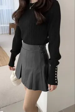 ブラックリブ編み長袖ニット Mサイズ