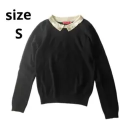 アース　襟付き　ニット　ビジュー　ブラック　黒　白　S　薄手