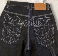 M 刺繍 バギーデニム ジーンズ 黒 y2k グランジ アメカジ 男女兼用
