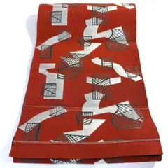 5k2384 単帯　赤　銀色　グレー　柄物　和装　着物