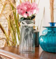 ガラス製 リブデザイン 花瓶 透明・青 インテリア　フラワースタンド