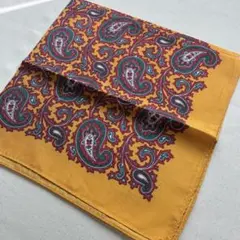 12-10.レトロペイズリーモチーフ　ヴィンテージスカーフ　シルク　イエロー系