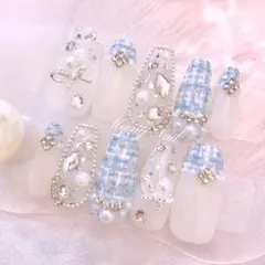 No.45オーダー♡量産型ワンホン韓国ツイードフレンチリボンジェルネイルチップ