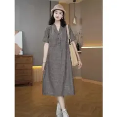 シャツワンピース 半袖 着痩せ Vネック カジュアル ストライプ 前ボタン