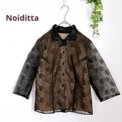 Noiditta 襟付きシアーレースブラウス　七分袖　L 黒　日本製　ゴールド