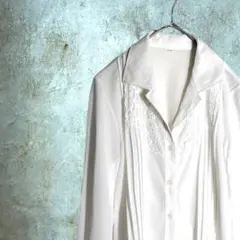 【レトロ　ブラウス　ホワイト　レース　刺繍　透け感　昭和　S　M　レディース】